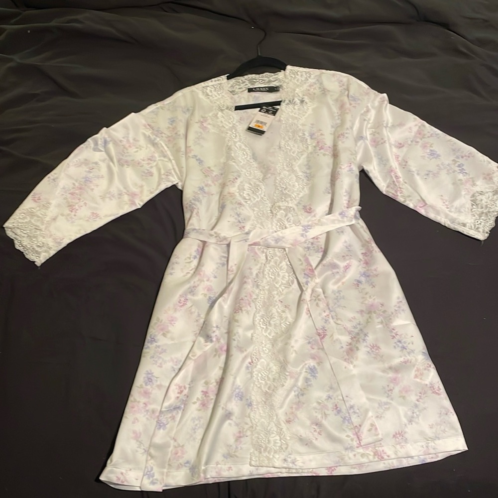 Ralph Lauren Floral Lace Trim Satin Robe